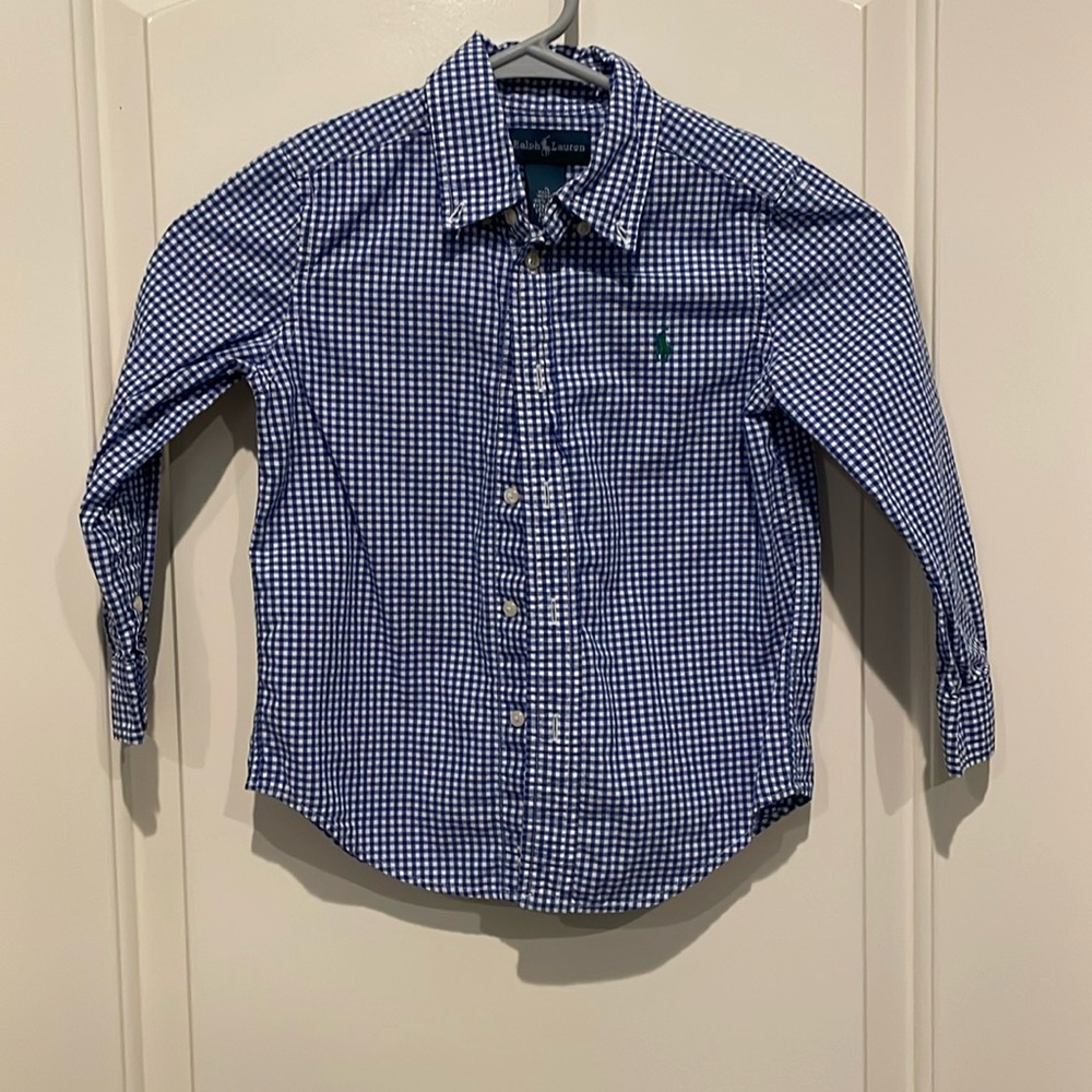 Ralph Lauren Boys Long Sleeve Button Down Shirt, Size 4, Blue White Checkered